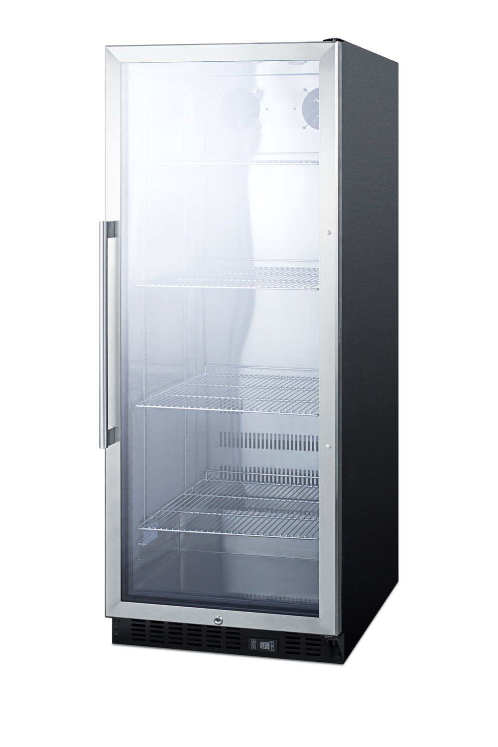 Commercial beverage merchandiser with 11 cu.ft. capacity, SS interior, self-closing door, digital thermostat, and SS wrapped cabinet